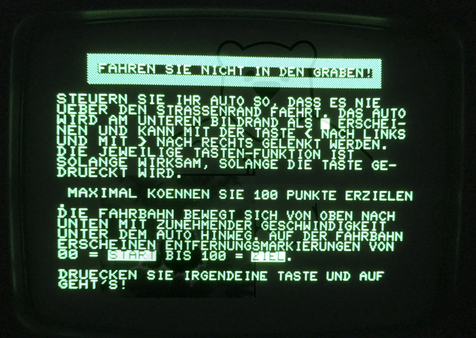 Commodore PET 2001 - Startbildschirm des Rennspiels